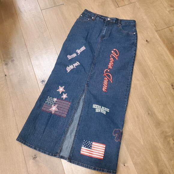 Neeso Denim Patchwork Maxi Length Stretch Jean Skirt USA Front Slit Women’s Sz 5 - Picture 1 of 10